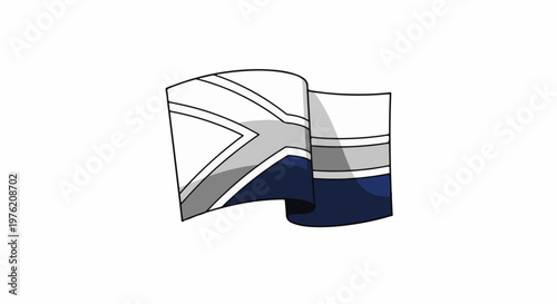 Stylized flag with blue, white, and grey stripes, waving