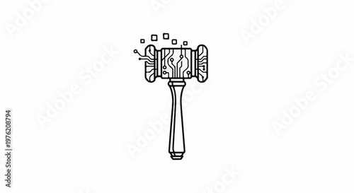 Stylized gavel with circuit board design and digital elements