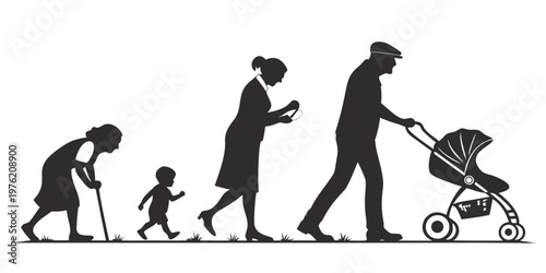 Set of silhouettes showing the sequence of human aging with an elderly woman walking with a cane a small child and a man pushing a baby carriage on grass silhouette lifecycle