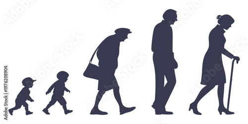Sequence of human silhouette figures showing growth and aging from childhood and adulthood to an elderly woman using a cane for mobility with silhouette lifecycle generation