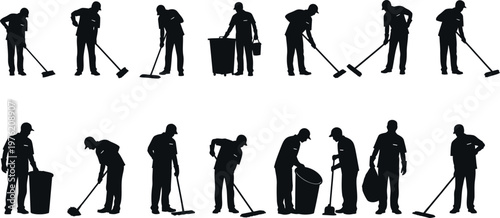 A collection of black silhouettes depicting various cleaning actions, including sweeping and taking out the trash.