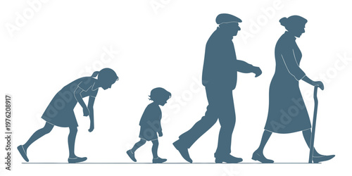 Vector silhouettes representing human life stages and aging from a young girl running and a toddler to a senior man and an elderly woman with a walking stick, silhouette