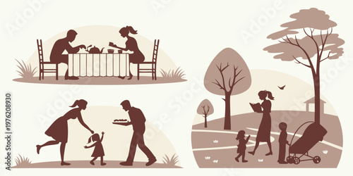 Silhouette collection of everyday scenes featuring a couple having tea, a mother and father playing with their child, and a woman walking through a park with children