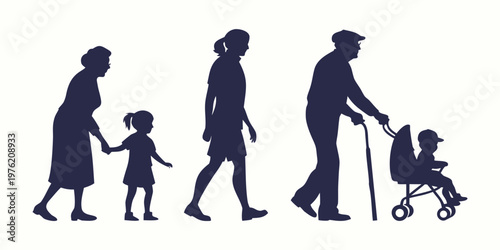 Dark silhouette illustrations of people from different generations including an elderly woman holding a child's hand, a young woman walking, and a senior man with a cane