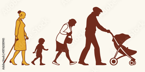 Side view silhouettes of people walking in a row including a woman with a walking stick a young child an elderly lady a grandfather pushing a newborn in a carriage, silhouette