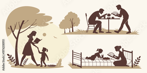 Three silhouettes showing a mother and child walking in nature two men sitting and talking at a table a parent reading a story to a child sitting on a bed silhouette