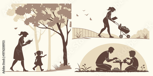 Set of silhouette illustrations showing a mother reading while walking with her daughter, a parent pushing a stroller in a park, and a father and son playing together