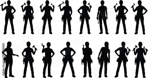 Diverse Female Construction Worker Silhouettes Holding Hammers and Wrenches Wearing Safety Gear for Industrial Labor Empowerment Professional Engineering and Maintenance Projects