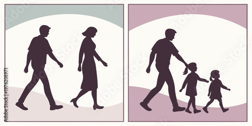 Silhouette illustrations of a couple walking together and a father walking with his two young daughters family bonding and outdoor strolls silhouette daughter