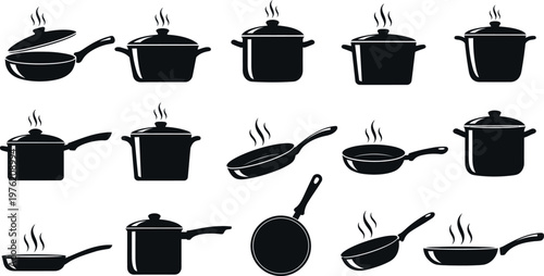 A set of 15 black kitchen pots and pans with steam rising from them, arranged in three rows on a white background