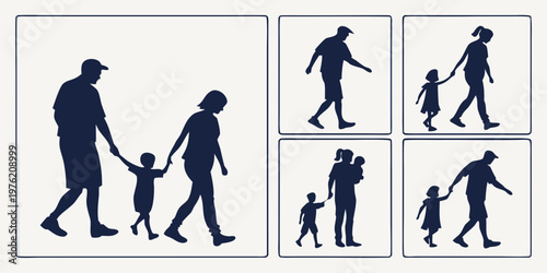 Set of silhouettes showing families walking and holding hands with silhouette children collection illustration relationship parenting lifestyle togetherness guidance
