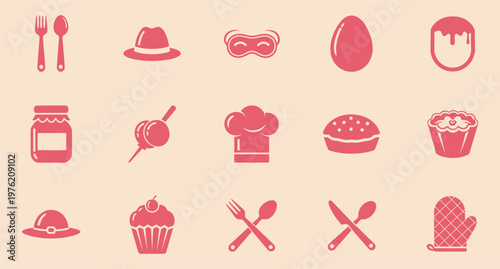 A collection of pink kitchen and baking icons