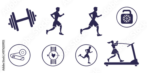 Set of fitness and health icons including dumbbells runners treadmill smartwatch heart monitor gym lock silhouettes for workout and wellness concepts with exercise, treadmill