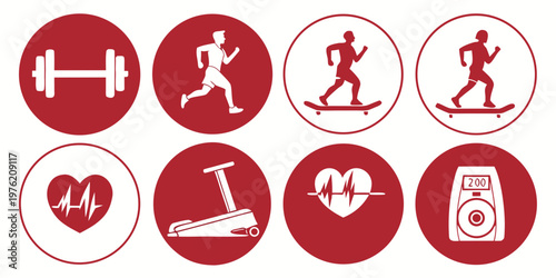 Collection of red and white fitness icons showcasing weightlifting running skateboarding heart rate monitoring with ecg waves a treadmill machine digital workout tracking