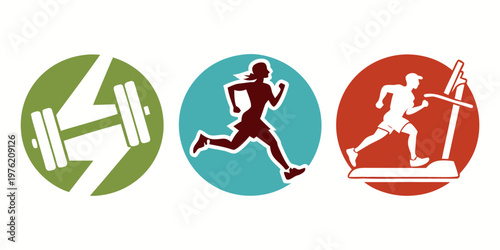 Three circular icons for health and fitness featuring a green barbell icon with energy lines, a teal silhouette of a woman running, and a red icon of a man on a treadmill