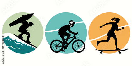 Minimalist outdoor activity icons showing silhouettes of a surfer catching a wave a cyclist riding a bike a girl on a skateboard or longboard silhouette skateboarding