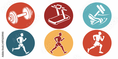 Set of six colorful circular icons depicting gym equipment and athletes including a barbell a treadmill a dynamic running shoe silhouettes of male joggers in motion