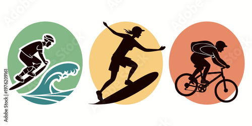 Trio of sports icons with silhouettes of a surfer riding a large wave another surfing on a board a mountain biker with a backpack riding uphill mountain backpack