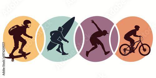 Minimalist vector silhouettes of a skateboarder surfer runner mountain biker inside overlapping circular frames representing a diverse active lifestyle with silhouette
