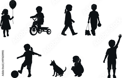 A collection of black silhouettes depicting children engaging in various activities such as riding a tricycle, playing with a balloon, playing soccer, and interacting with a dog