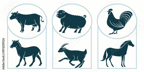 Vector collection of farm animal silhouettes including cow sheep rooster goat and horse in a clean graphic layout for agricultural design with silhouette livestock collection