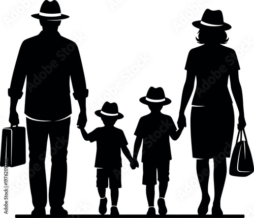 A silhouette of a family of four walking together, with the parents holding hands with their two children, all wearing hats and carrying bags