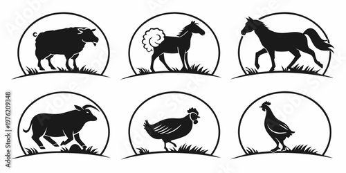 Set of farm animal emblems with silhouettes of sheep horses bull hen rooster standing on grass within circular frames for rural and agricultural branding silhouette livestock