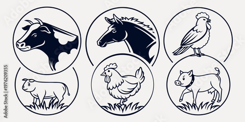 Stylized farm animal portraits and full body illustrations of cow horse bird calf chicken piglet encased in circular design elements for modern agricultural icons with portrait