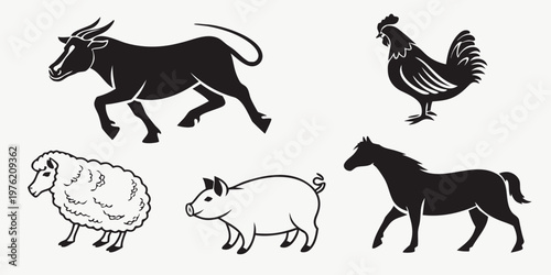 Collection of black and white farm animal silhouettes featuring cow rooster sheep pig horse isolated on white background for agriculture and livestock design, livestock