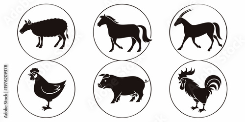 Collection of circular icons featuring black silhouettes of sheep horse goat chicken pig rooster for farm and agricultural industry signage and branding silhouette livestock