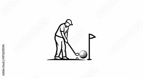 Stylized depiction of a person playing golf near a hole and flag