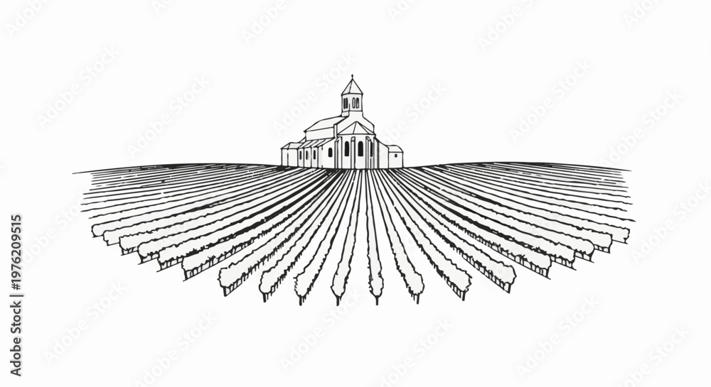 Fototapeta premium Stylized black and white illustration of church amidst vineyard rows