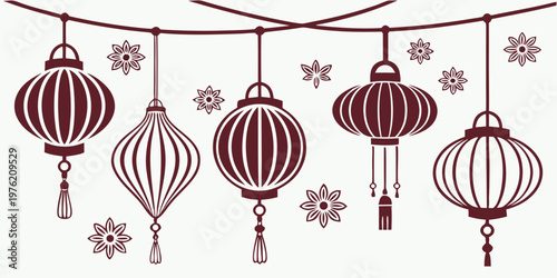 Decorative hanging asian paper lanterns with floral elements for lunar new year or mid-autumn festival celebrations japanese decoration festival celebration oriental