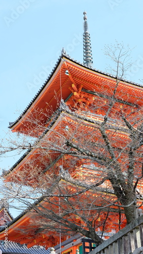 Iconic Japanese Pagoda Structure Against Clear Blue Sky, Temple Architecture Detail