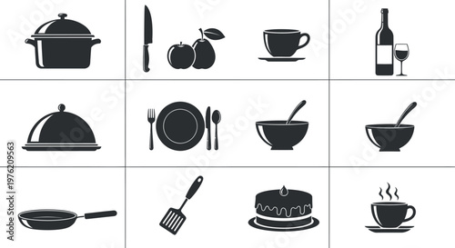 The image contains a grid of kitchen-related items, including a pot, fruit, coffee cup, wine bottle, covered dish, plate with utensils, bowl with spoon, frying pan, spatula, cake, and another coffee c