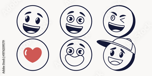 Collection of fun cartoon emoji character faces and heart icon featuring laughing winking and happy expressions for social media and messaging character laughing expression