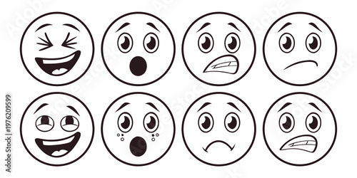 Collection of eight vector emoji face icons showcasing exaggerated expressions and diverse moods in minimalist black and white line art style with expression, collection