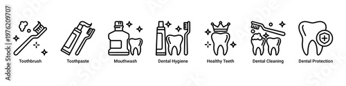 Oral Hygiene web banner icon vector illustration with icons of Toothbrush,Toothpaste,Mouthwash,Dental Hygiene,Healthy Teeth,Dental Cleaning and Dental Protection