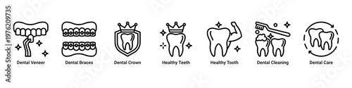 Aesthetic Care web banner icon vector illustration with icons of Dental Veneer,Dental Braces,Dental Crown,Healthy Teeth,Healthy Tooth,Dental Cleaning and Dental Care
