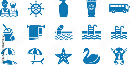 A set of 15 blue icons related to beach and summer, including people, ship wheel, lotion, sunscreen, bus, beach tools, towels, swimming, pool, beach chairs, umbrella, starfish, swan, and a bull