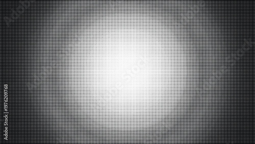 Grayscale radial gradient with halftone dots surrounding a checkered central area, abstract background.