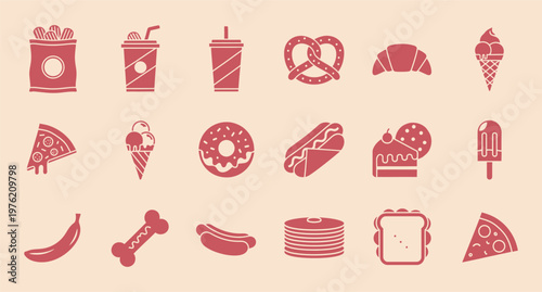 A set of 18 pink food icons arranged in four rows on a light gray background the icons include a variety of food items such as fries chips pizza ice cream donuts hot dogs and sandwiches