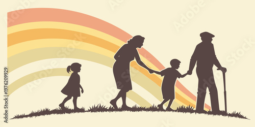 Multi-generational family walking together holding hands in silhouette against a colorful rainbow arc old age silhouettes children grandparents generations togetherness