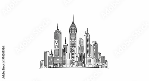 Stylized black and white line art depicts a dense urban skyline with diverse skyscraper designs