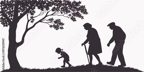 Grandparents walking with their young granddaughter in a park silhouette scene grandparents grandfather grandmother granddaughter silhouette generations togetherness