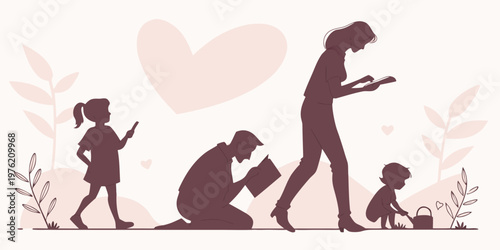 Modern family members engaging in various leisure activities parents reading and using devices while children play screen time watering can activities children