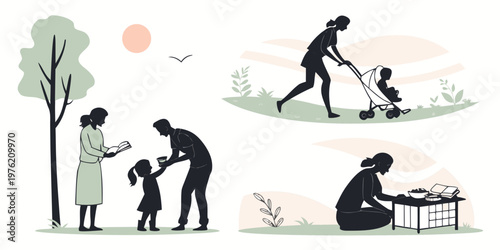 Collection of outdoor family activities: reading with children mother pushing stroller preparing a picnic meal outdoors activities children stroller preparation