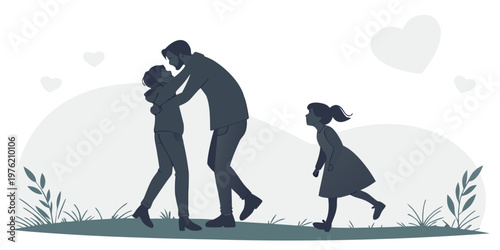 Silhouette illustration of a loving father embracing his young son outdoors while a daughter playfully runs nearby with heart symbols in the background representing family love