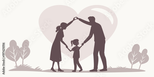 Conceptual family silhouette illustration of parents forming a protective roof shape over their young daughter with a large heart background symbolizing safety and love