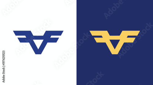 Vector graphic illustration of a stylized letter logo design in blue and gold colors on white and dark blue backgrounds for branding and identity purposes